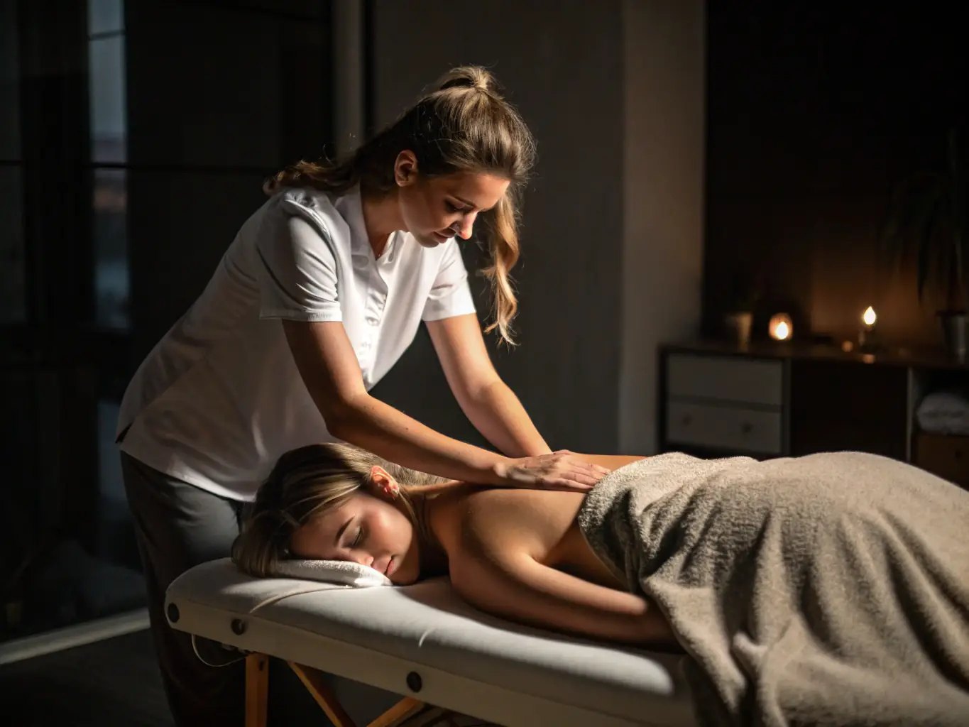 A student is performing a massage therapy session on a client, focusing on relaxation and healing. The image highlights the therapeutic benefits of massage and the skills learned in the program.