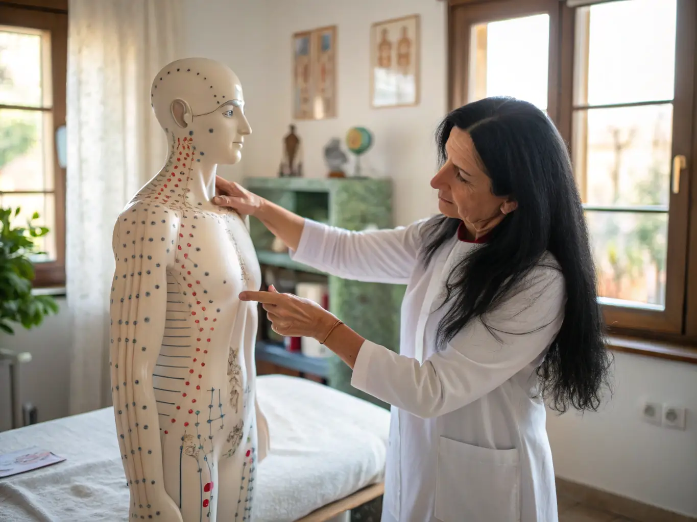 A student is practicing acupuncture techniques on a mannequin in a well-lit classroom setting. The focus is on precision and technique, highlighting the practical skills gained in the program.