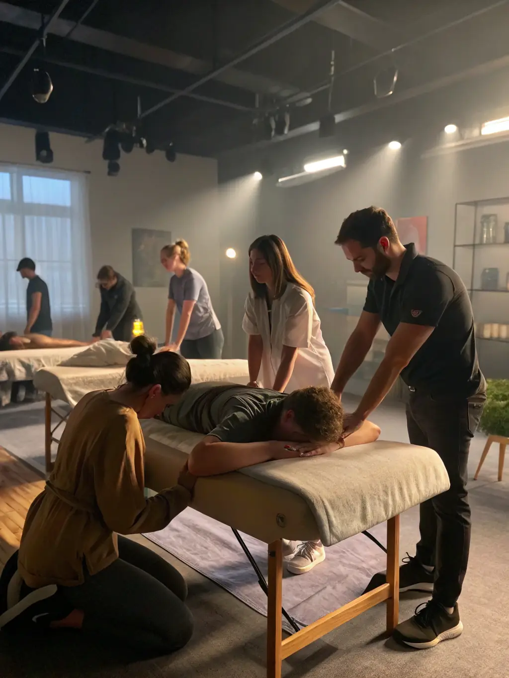 A group of Seformer students practicing reflexology techniques on each other under the guidance of a certified instructor in a well-lit classroom.
