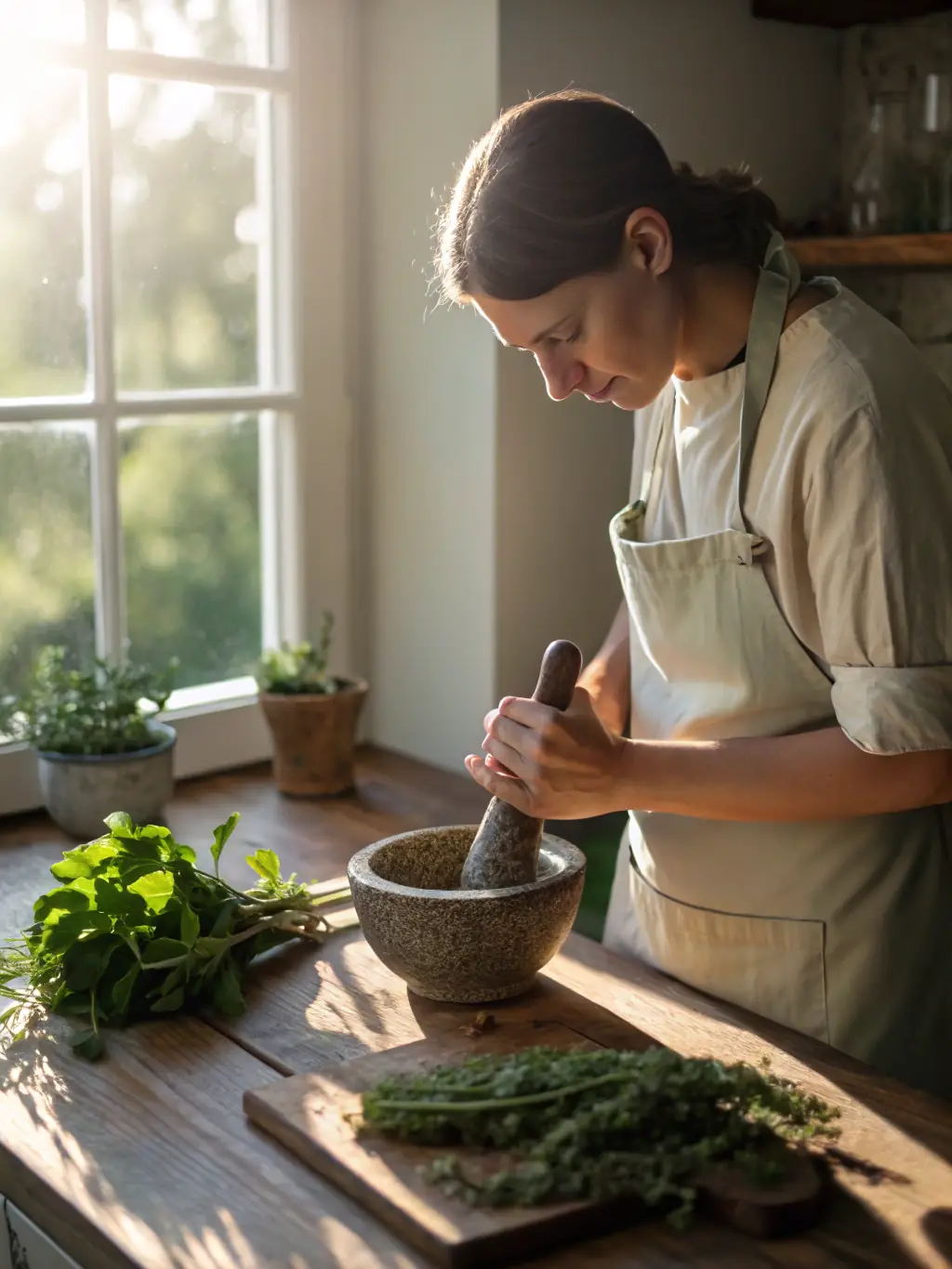 A Seformer student carefully preparing herbal remedies in a laboratory setting, following a detailed recipe under the supervision of a qualified herbalist.