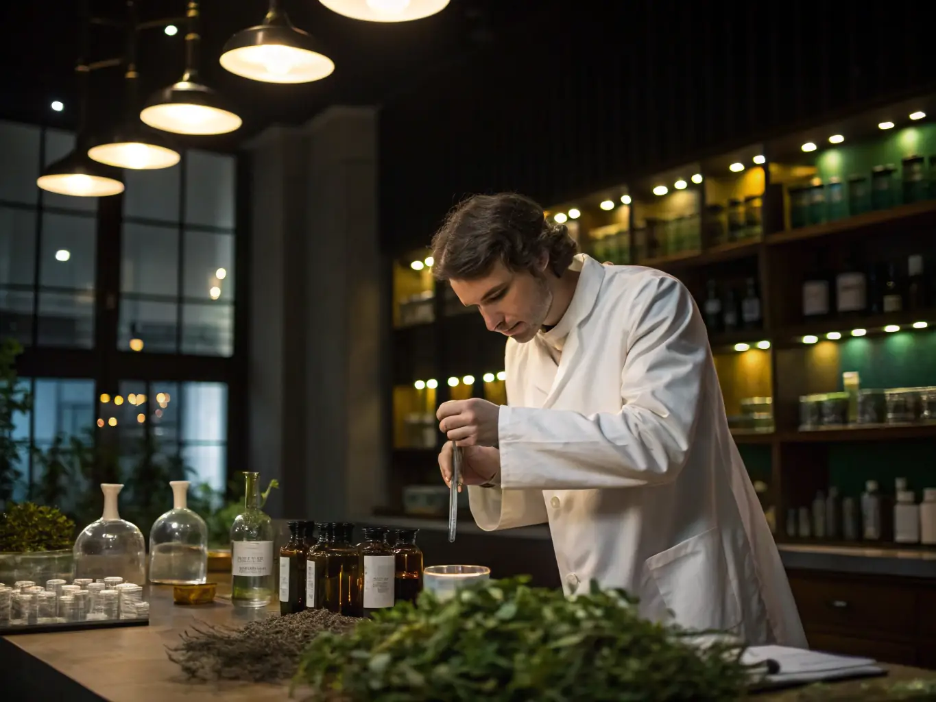 A student is preparing herbal remedies in a laboratory, carefully measuring ingredients. The scene emphasizes the importance of precision and knowledge in herbal medicine.